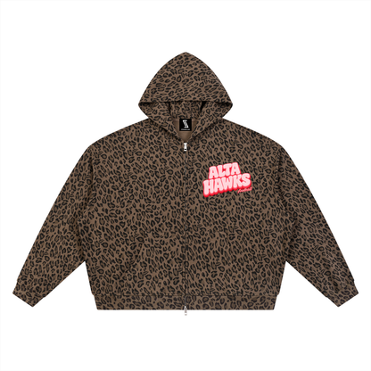 Unisex Leopard Print Waffle Full Zip Hoodie