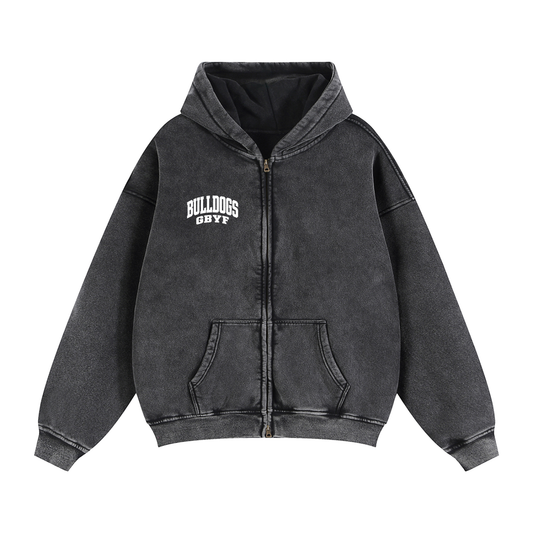 Basic 2 White Green Bulldogs Zip-Through Boxy Fleece Hoodie