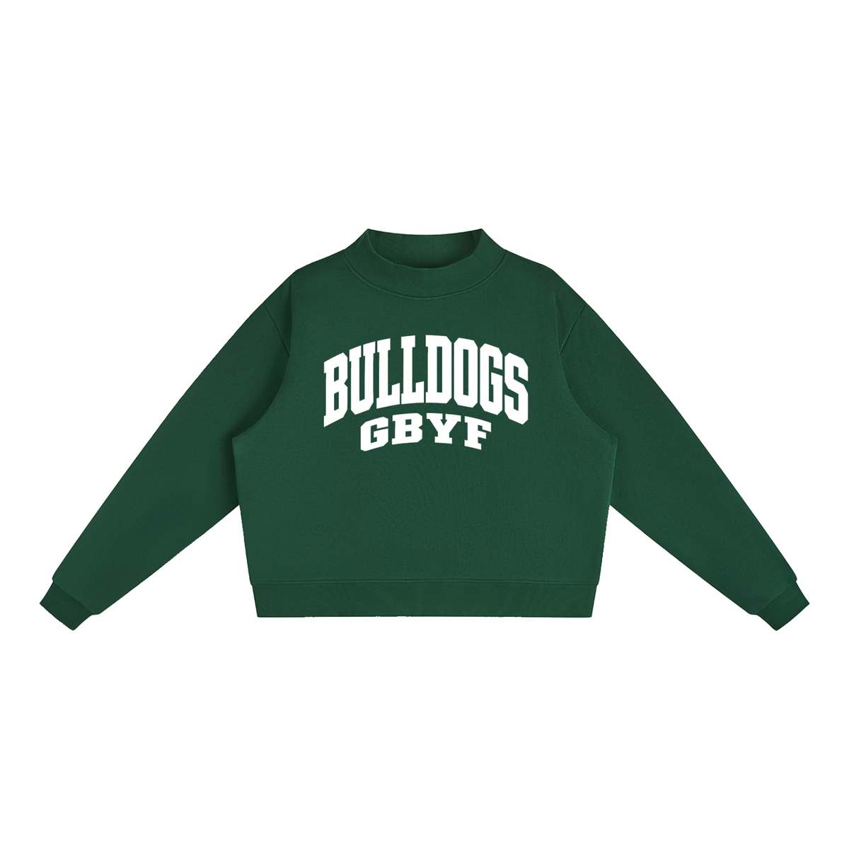 Basic 2 White Green Bulldogs Essential Fleece Mock-Neck Crew Sweatshirt