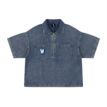 Unisex Vintage Wash Boxy Quarter-Zip Denim Shirt