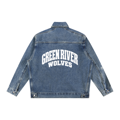 Basic 2 White Green River Vintage Wash Zip Up Denim Jacket